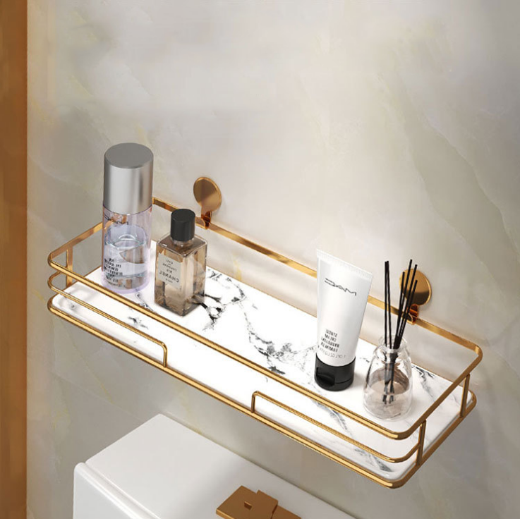 Nail Free Stainless Steel Wall Shelf, Bathroom Toilet Storage Shelves Gold Shower Caddy with Marble Tray