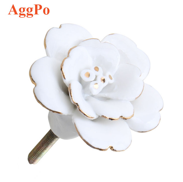 Ceramic White Rose Gold Outline Cabinet Knobs Door Cupboard Wardrobe Knob Pull Vintage Flower Drawer Pull Handles with Screw