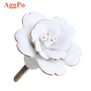 Ceramic White Rose Gold Outline Cabinet Knobs Door Cupboard Wardrobe Knob Pull Vintage Flower Drawer Pull Handles with Screw