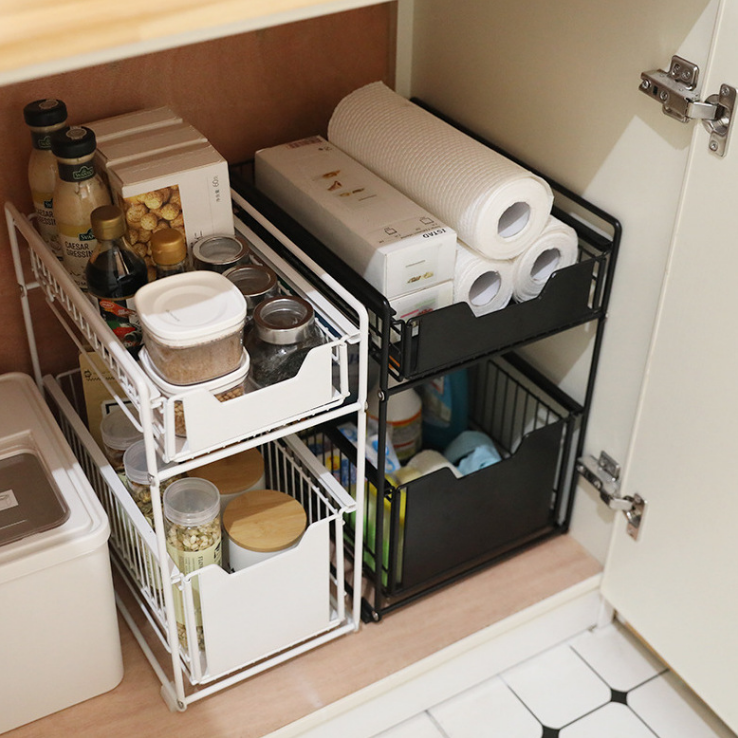 Kitchen Cabinet Closet Shelf Organizer, Storage Rack for Countertop and Under Sink, Metal Wire Shelf with Drawer