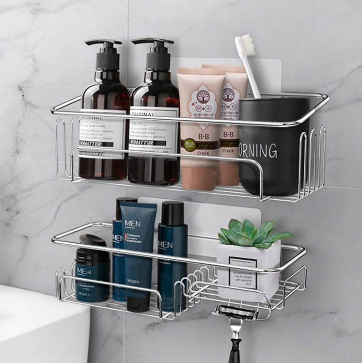 2 Tier Shower Shelf Rack with Self-adhesive Stickers, Bathroom Shower Organizer Caddy, Bathroom Hanging Storage Shelves