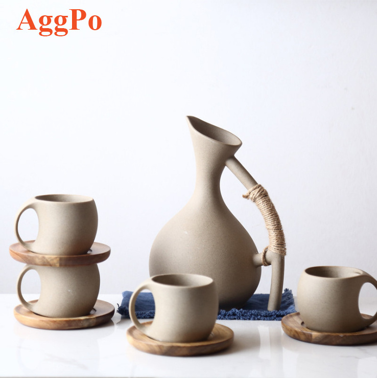 Clay Pottery Water Pitcher, Decorative Water Jug Mug Set with Bamboo Cup Tray for Juice and Iced Tea