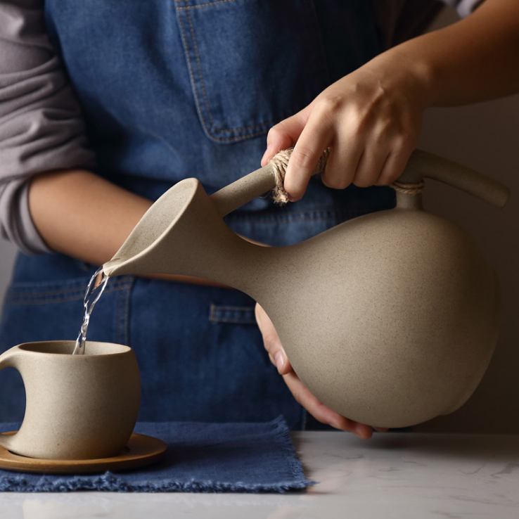 Clay Pottery Water Pitcher, Decorative Water Jug Mug Set with Bamboo Cup Tray for Juice and Iced Tea