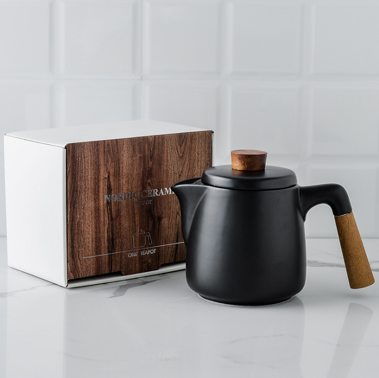 Ceramic Tea Set, Kettle with Cup and Wooden Handle, Tea Mugs for Loose Tea and Coffee