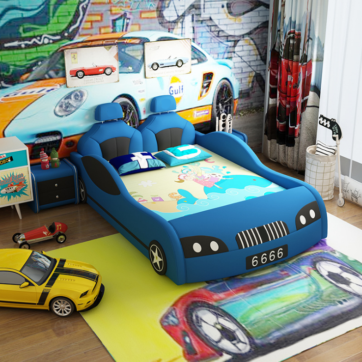 Kids Toddler Bed Race Car Children Bedroom Fun Play Furniture, Leather Cover Race Car Toddler Bed(not include mattress)