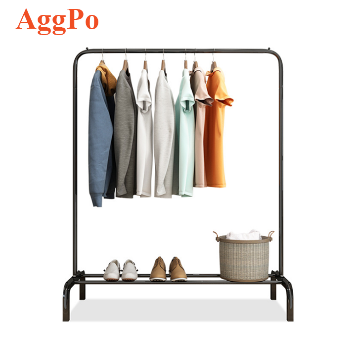 Bedroom Multifunctional Self-supporting Coat Rack Double Rods, Metal Floor-Standing Coat Rack, Balcony Clothing Hanger With Hook