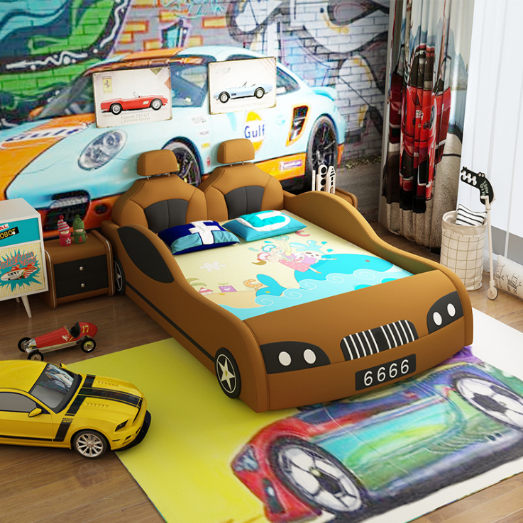 Kids Toddler Bed Race Car Children Bedroom Fun Play Furniture, Leather Cover Race Car Toddler Bed(not include mattress)