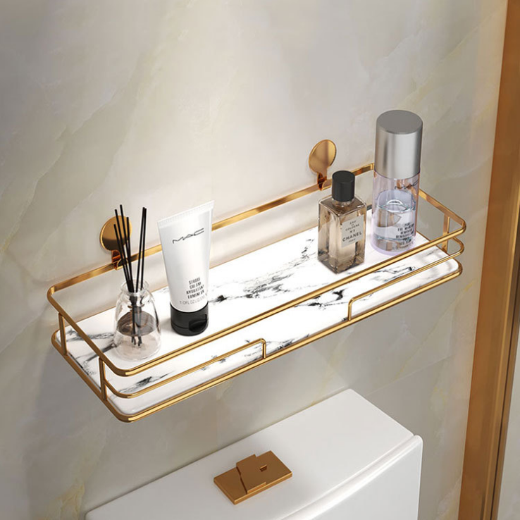 Nail Free Stainless Steel Wall Shelf, Bathroom Toilet Storage Shelves Gold Shower Caddy with Marble Tray