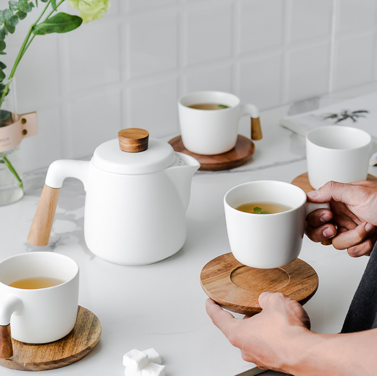 Ceramic Tea Set, Kettle with Cup and Wooden Handle, Tea Mugs for Loose Tea and Coffee