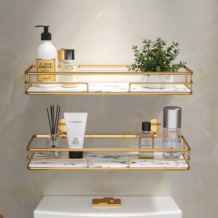 Nail Free Stainless Steel Wall Shelf, Bathroom Toilet Storage Shelves Gold Shower Caddy with Marble Tray