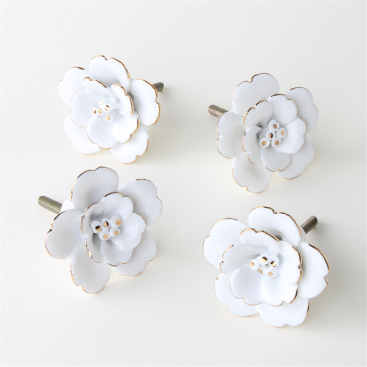 Ceramic White Rose Gold Outline Cabinet Knobs Door Cupboard Wardrobe Knob Pull Vintage Flower Drawer Pull Handles with Screw