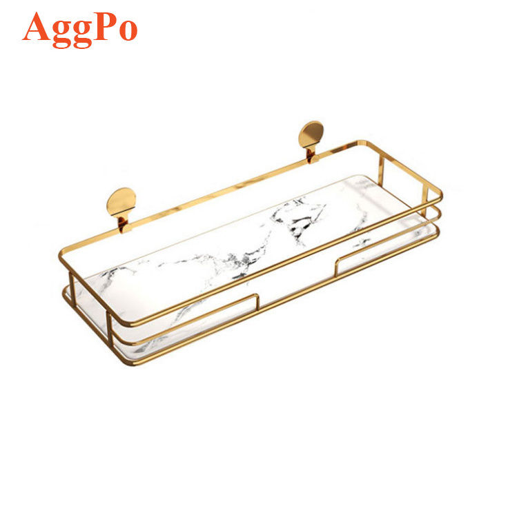 Nail Free Stainless Steel Wall Shelf, Bathroom Toilet Storage Shelves Gold Shower Caddy with Marble Tray