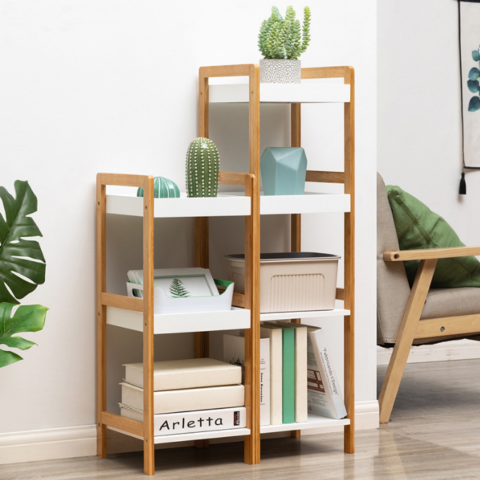 4 Tier Free-Standing Storage Shelf Simple Bamboo Bookshelf Bookcase, Desk Organizer for Living Room