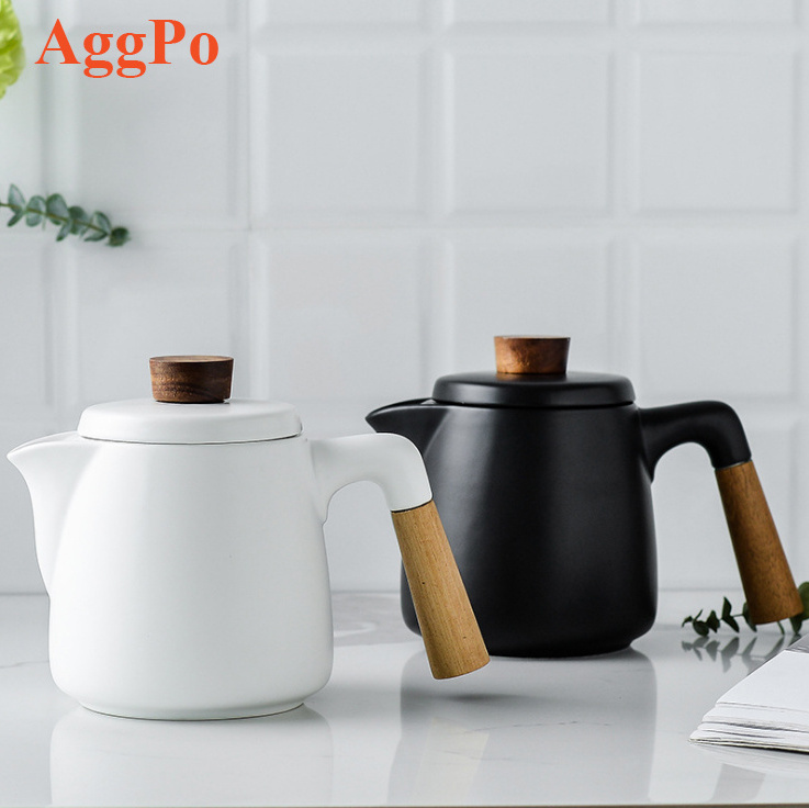 Ceramic Tea Set, Kettle with Cup and Wooden Handle, Tea Mugs for Loose Tea and Coffee