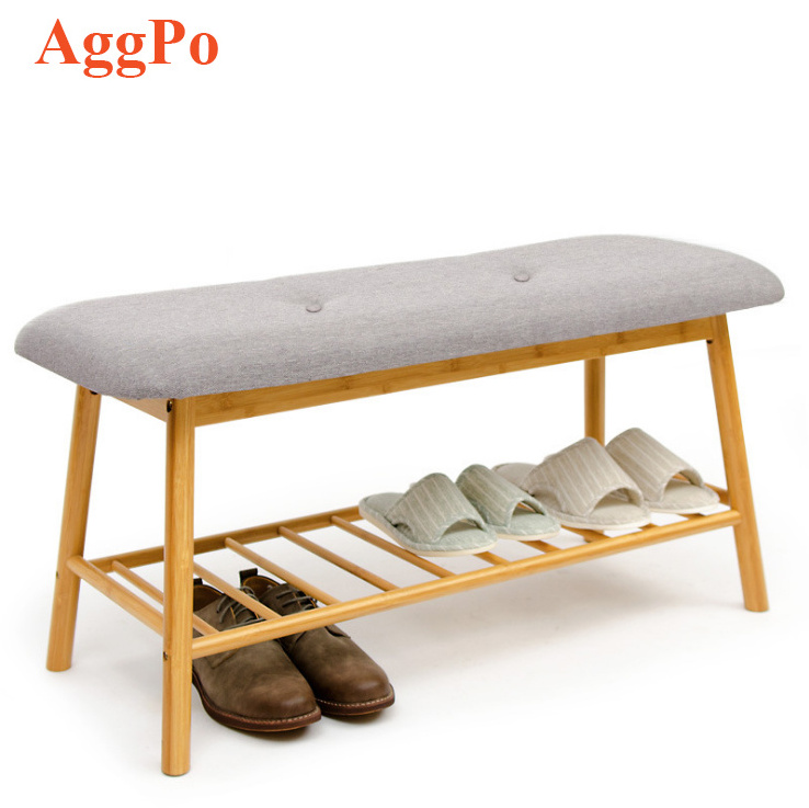 Bamboo Shoe Bench for Entrance, Hall Tree Entryway Storage Bench with Cushion Seating Shoes Organizer