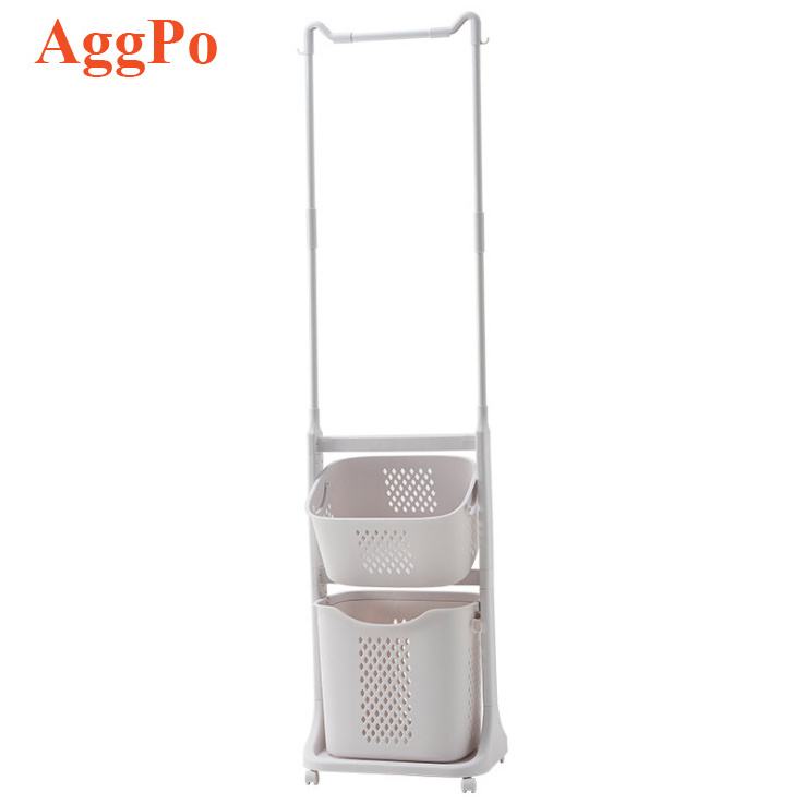 Rolling Laundry Cart with Hanging Bar,  2 Removable Baskets for Organizing Clothes, Laundry