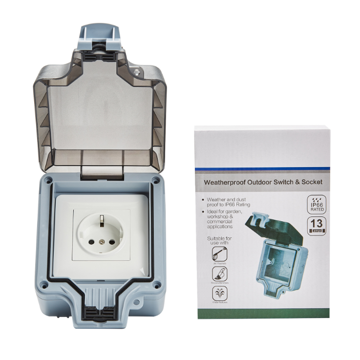 IP66 Weatherproof Outdoor European Standard Switch&Socket, Single Outlet with Receptacle Protector Cover