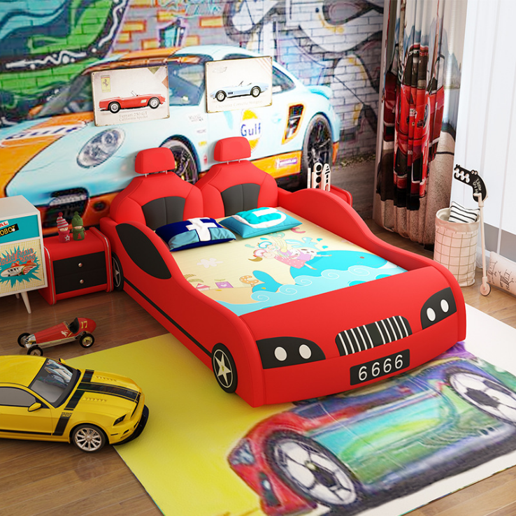 Kids Toddler Bed Race Car Children Bedroom Fun Play Furniture, Leather Cover Race Car Toddler Bed(not include mattress)