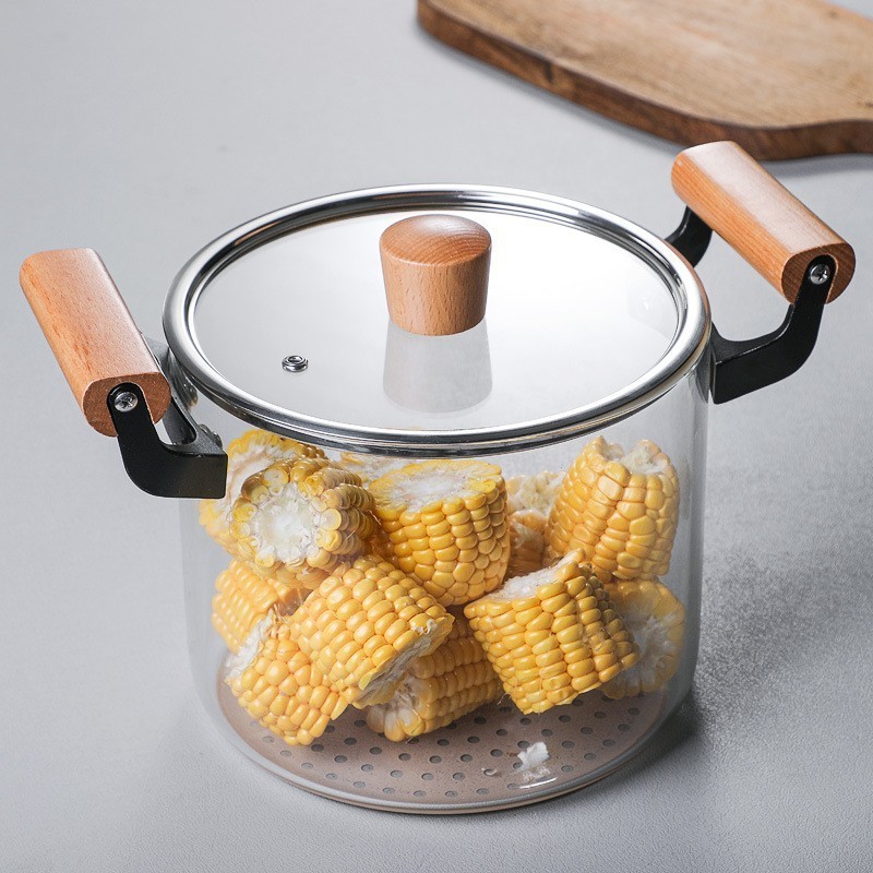 Glass Simmer Pot for Cooking with Cover and Wooden Handle Glass Cookware for Stovetop Safe for Pasta Noodle Soup Milk