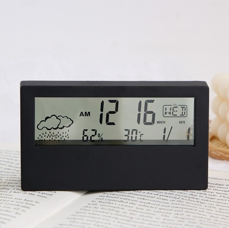 Digital LCD transparent clock electronic weather temperature clock alarm clock with calendar backlight on table desk