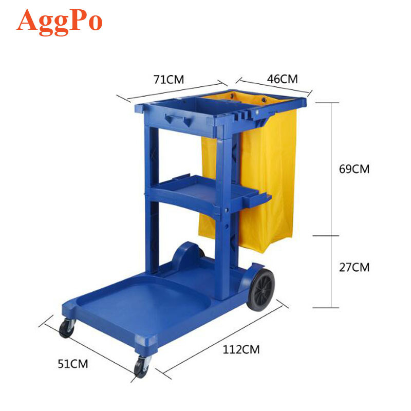 Commercial Janitorial Cart with Long 3-Shelf  Platform Wheeled with Zippered Yellow Vinyl Bag for hotel hospital apartment