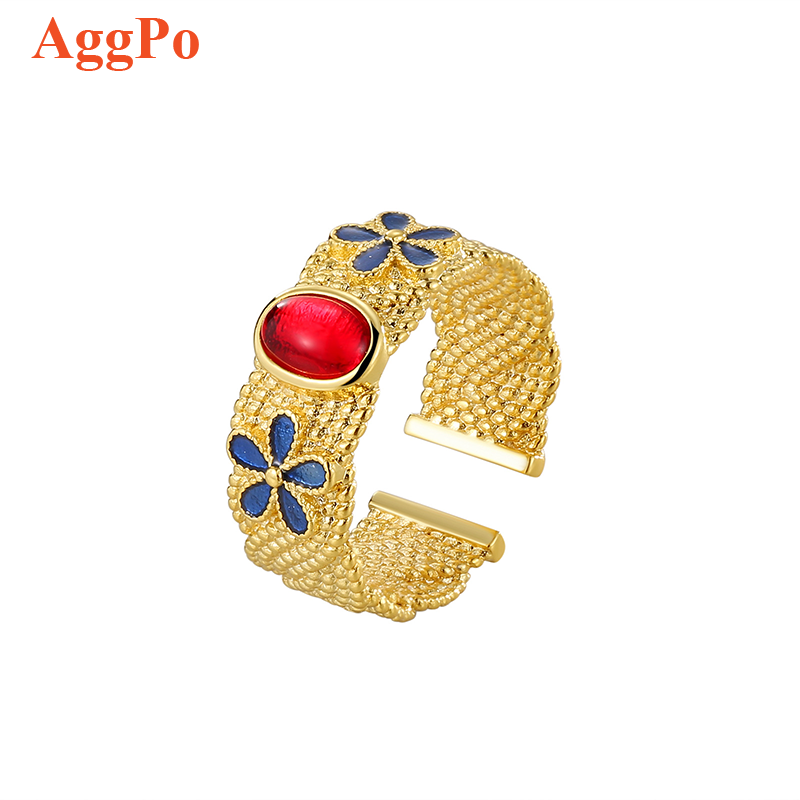 Medieval style retro palace style ring colorful gemstone open ring female niche high-end