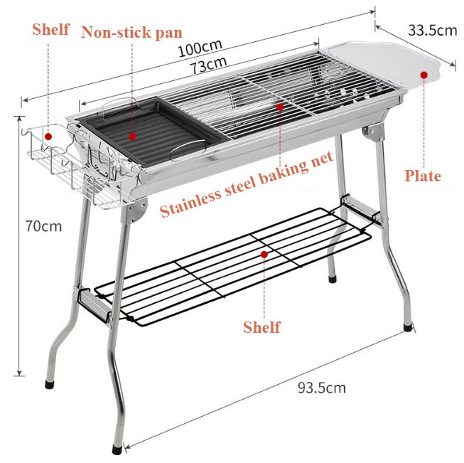 Large Charcoal Grill Portable BBQ Grill Stainless Steel Folding Barbecue Shish Kebab Grill for Outdoor Picnic Patio and Backyard