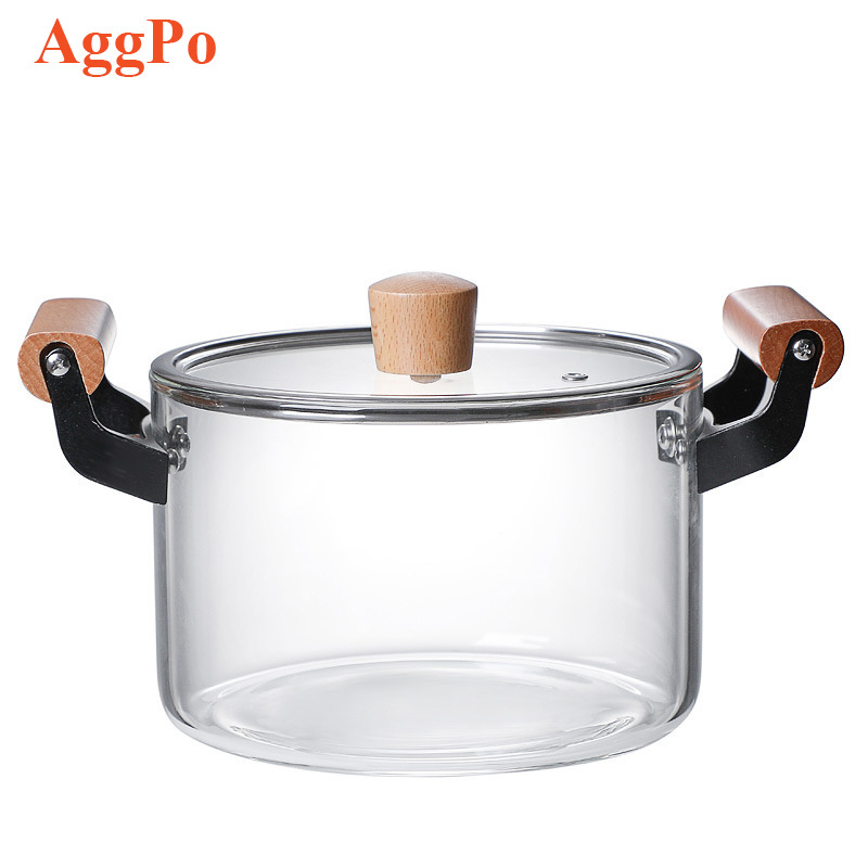 Glass Simmer Pot for Cooking with Cover and Wooden Handle Glass Cookware for Stovetop Safe for Pasta Noodle Soup Milk