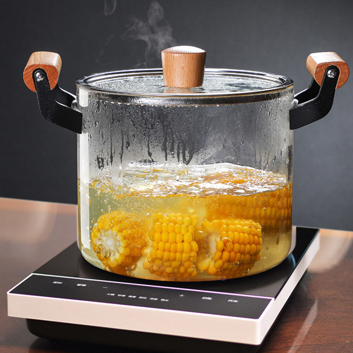 Glass Simmer Pot for Cooking with Cover and Wooden Handle Glass Cookware for Stovetop Safe for Pasta Noodle Soup Milk