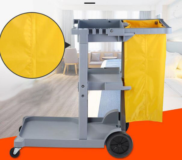 Commercial Janitorial Cart with Long 3-Shelf  Platform Wheeled with Zippered Yellow Vinyl Bag for hotel hospital apartment