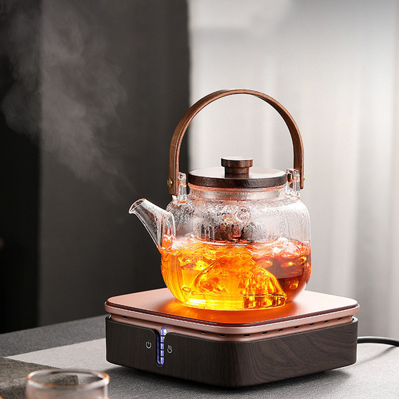 Glass Teapot Kettle with 2 Type Removable Infuser and Wooden Lid, Borosilicate Glass Tea Pot Gas & Electric Stovetop Safe