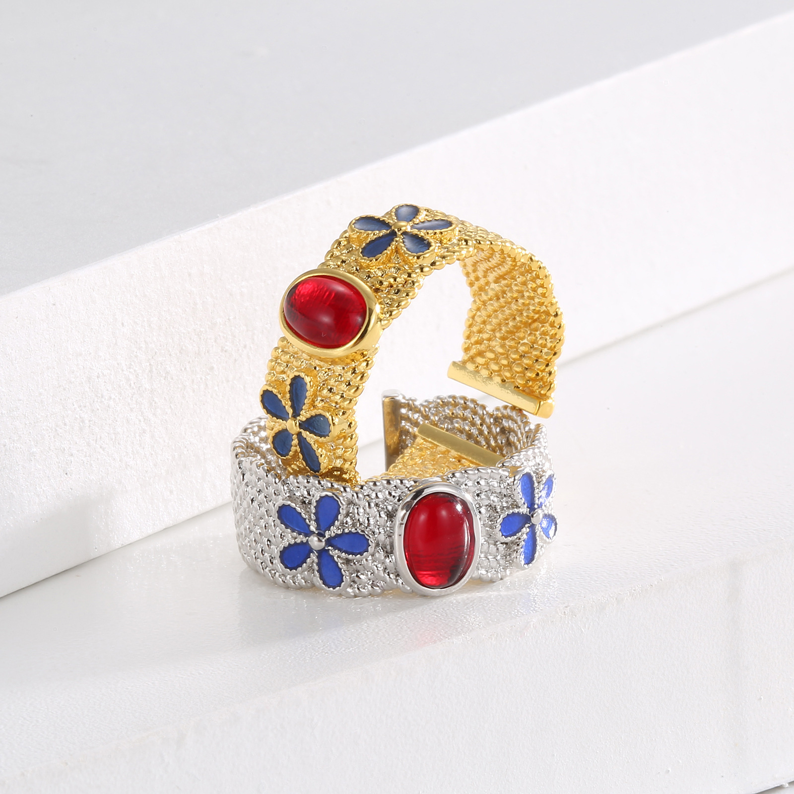 Medieval style retro palace style ring colorful gemstone open ring female niche high-end