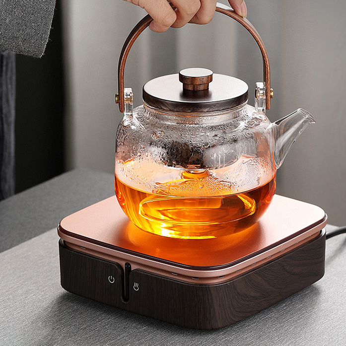 Glass Teapot Kettle with 2 Type Removable Infuser and Wooden Lid, Borosilicate Glass Tea Pot Gas & Electric Stovetop Safe