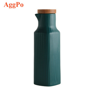 Ceramic Olive Oil Bottle with Wood Lid Kitchen Oil Pot Vinegar Bottle Soy Sauce Spices Vinegar Dispenser 2pcs Set