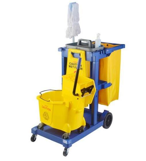 Commercial Janitorial Cart with Long 3-Shelf  Platform Wheeled with Zippered Yellow Vinyl Bag for hotel hospital apartment