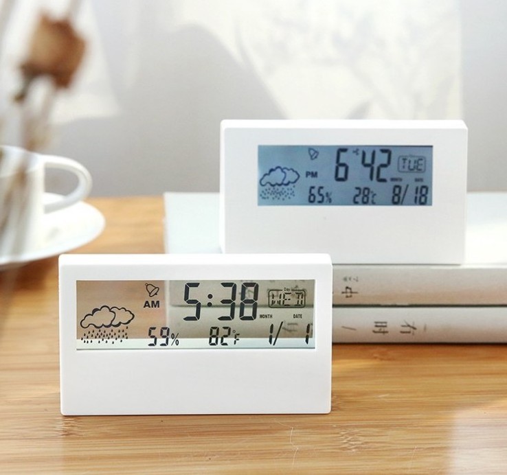 Digital LCD transparent clock electronic weather temperature clock alarm clock with calendar backlight on table desk