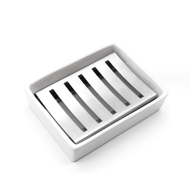 Ceramic Soap Box Household Rectangular Simple Bathroom 304 Stainless Steel Filter Double Layer Drain Soap Dish