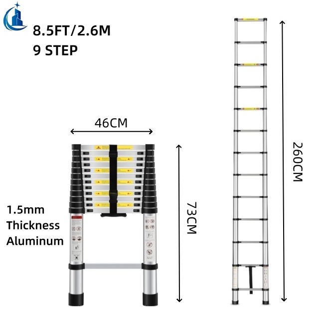 Portable Safety Folding Ladder 8.5ft 2.6m Non-Slip Feet Mobile Scaffolding Ladder Straight Aluminum Climbing Telescopic Ladder