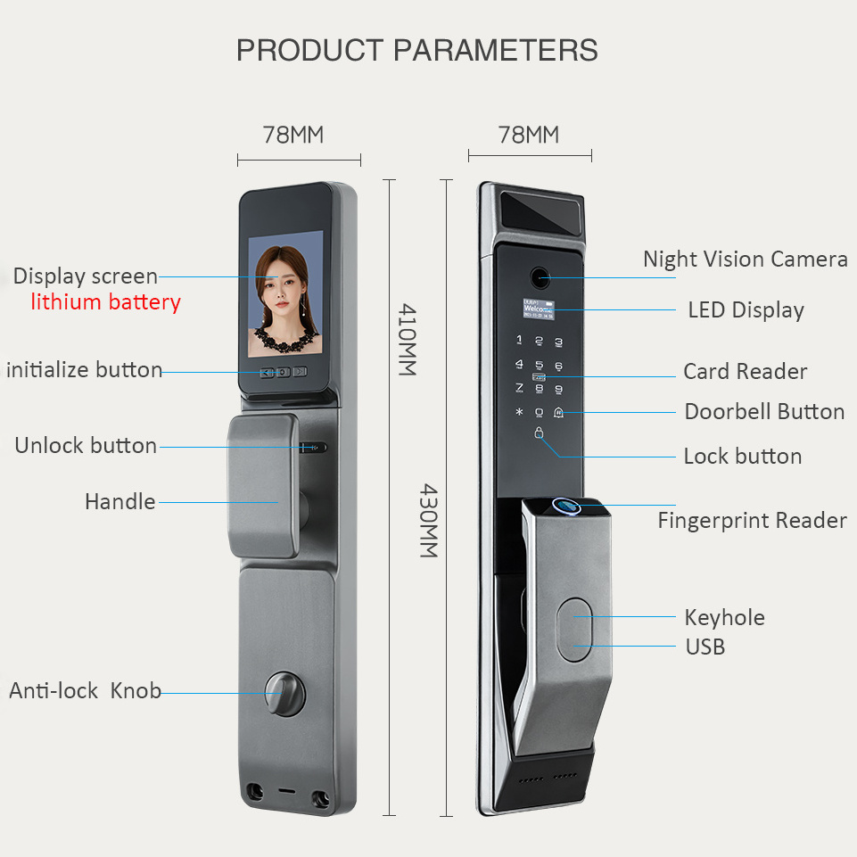 2023 Automatic Electronic Fingerprint Biometric Lock Cerradura WIFI Smart Lock 3D Face Recognition Digital Door Lock With Camera