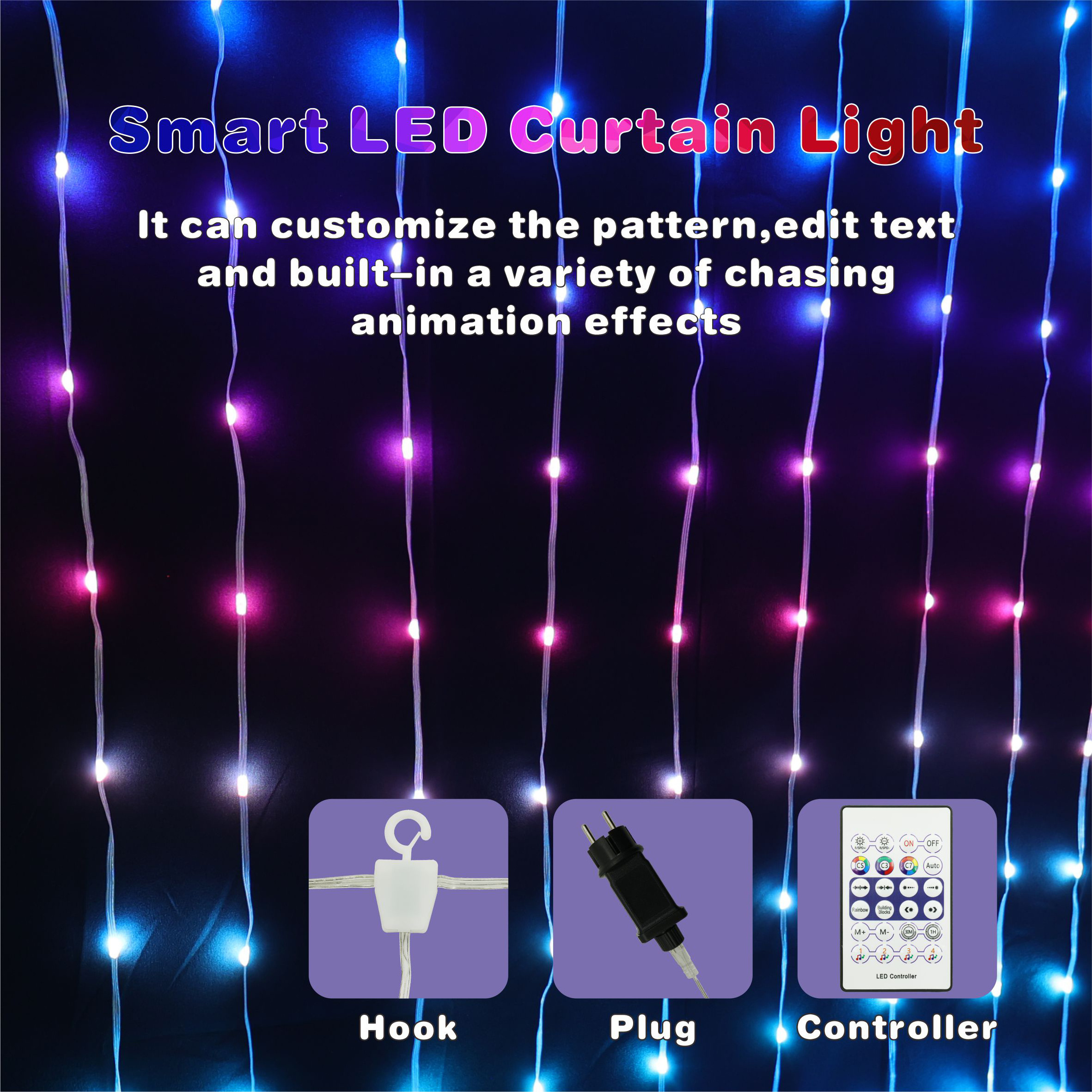 App Control Christmas Smart Rgb Pixel Addressable Curtain  Led Fairy Smart Curtain Lights