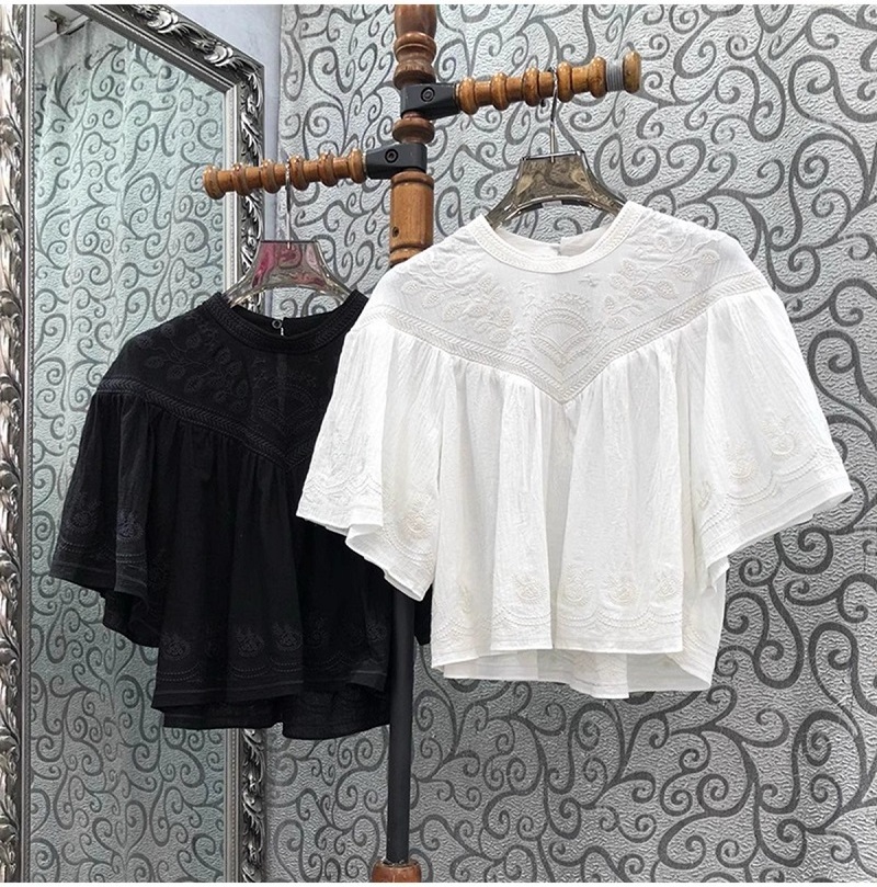 Crop Tops 2024 Summer Fashion Blouses High Quality Designer Blouse Women Luxurious Embroidery Short Sleeve Black White Tops