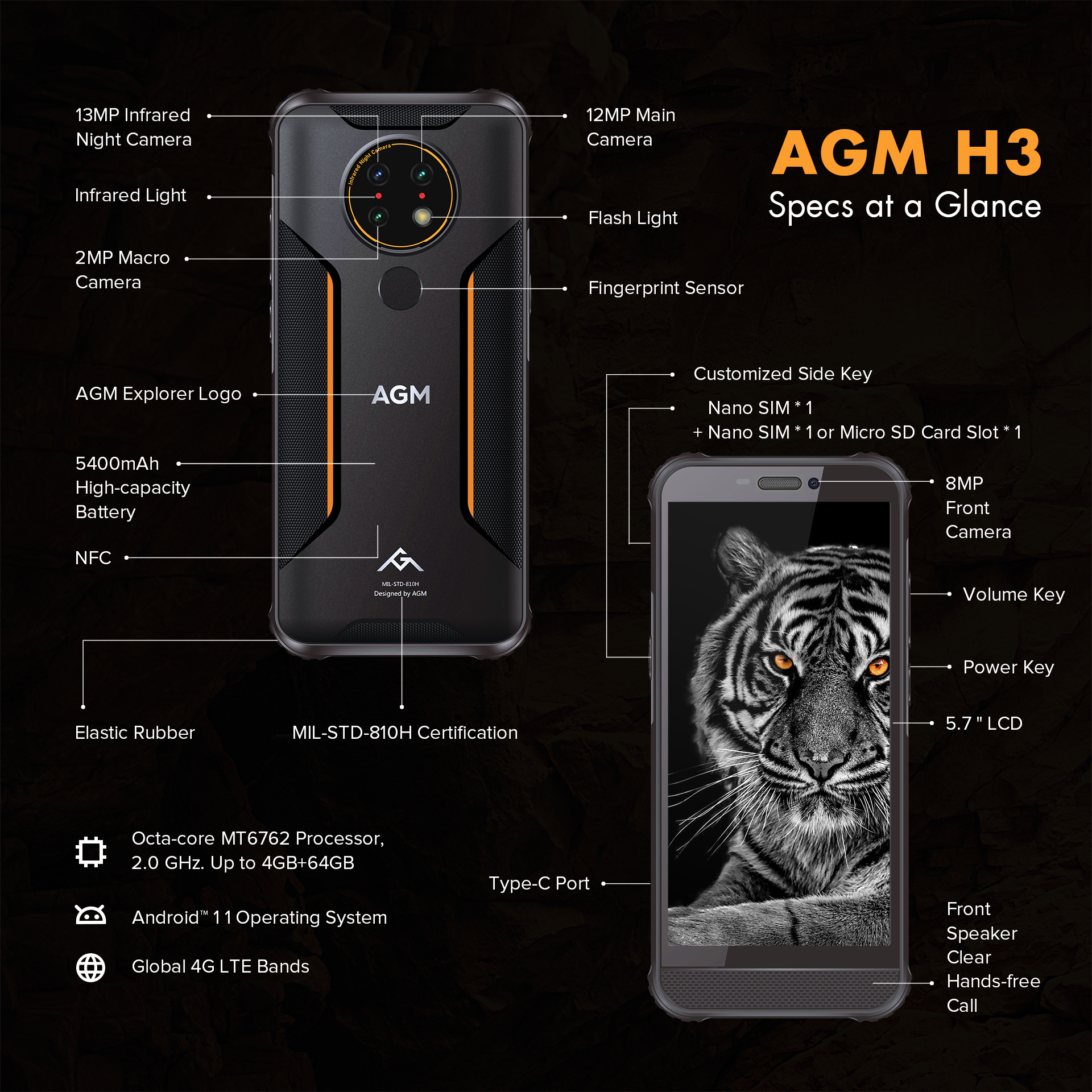 [RTS] AGM H3 5400mAh NFC 4+64GB wholesale cell phones new mobile phones slim rugged mobile phone