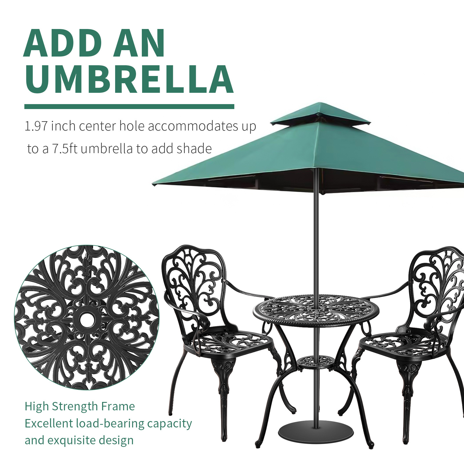 Bistro Table and Chairs Set Outdoor Bistro Set Cast Aluminum Patio Table and Chair Set  with Umbrella Hole for Garden Porch Yard