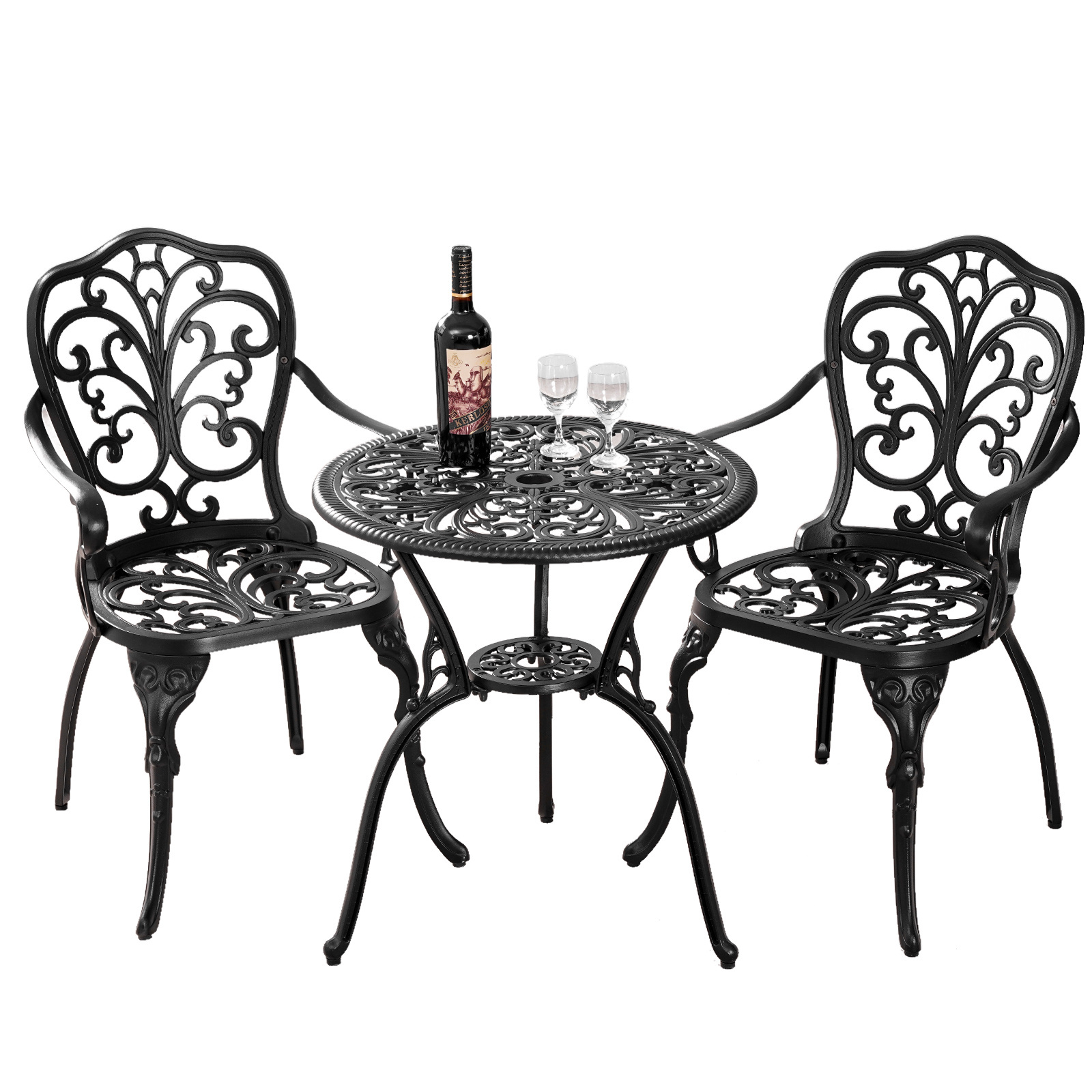 Bistro Table and Chairs Set Outdoor Bistro Set Cast Aluminum Patio Table and Chair Set  with Umbrella Hole for Garden Porch Yard