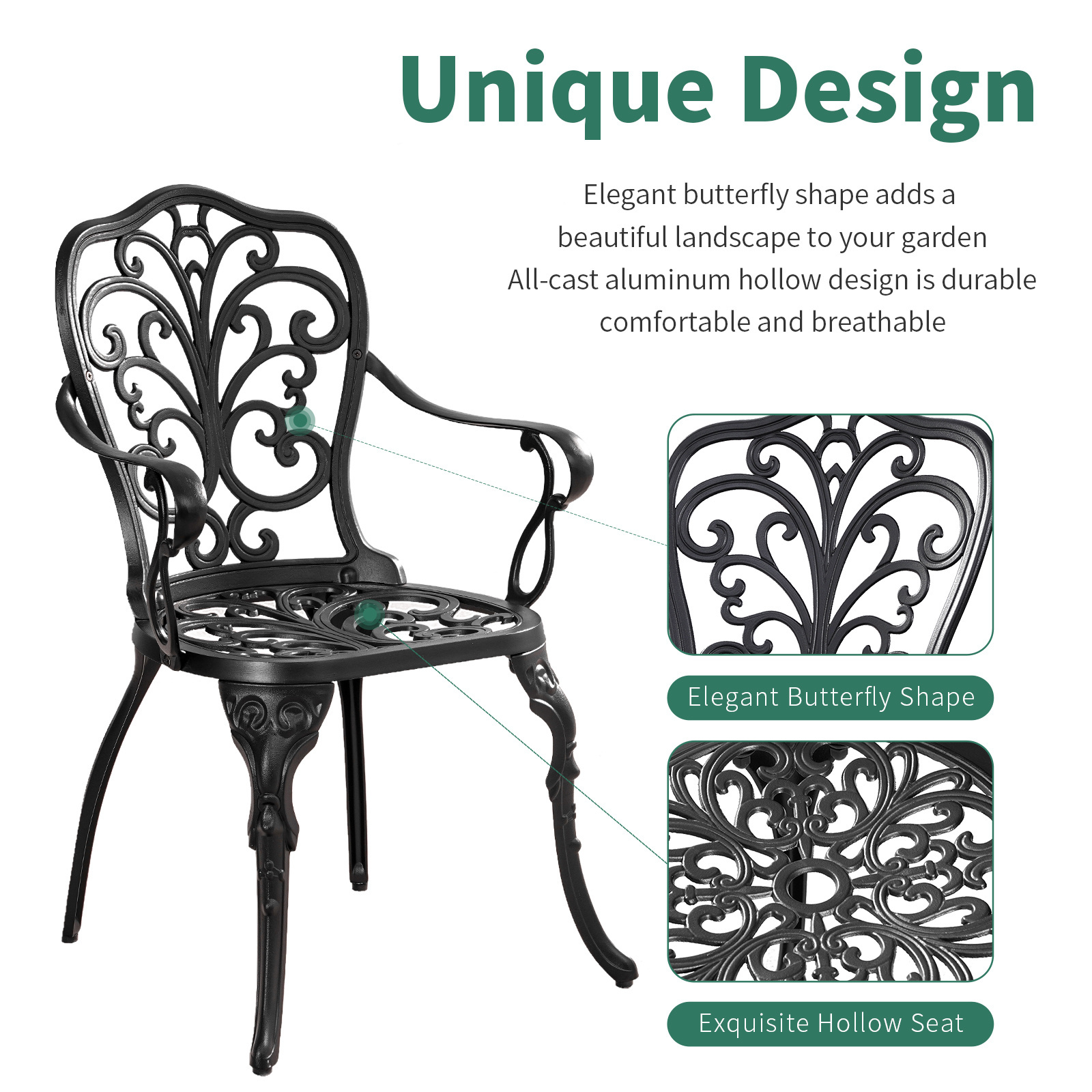 Antique brass Outdoor Garden Furniture Cast Aluminum Patio Chair And Table Butterfly 3-Piece Bistro Sets