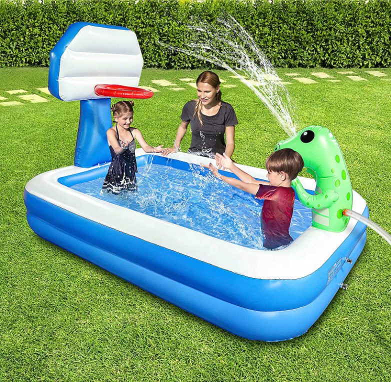 Inflatable Swimming Pool for Kids Blow Up Kiddie Lounge Pool with Basketball Hoop and Dinosaur Sprinkler Outdoor Water Toys