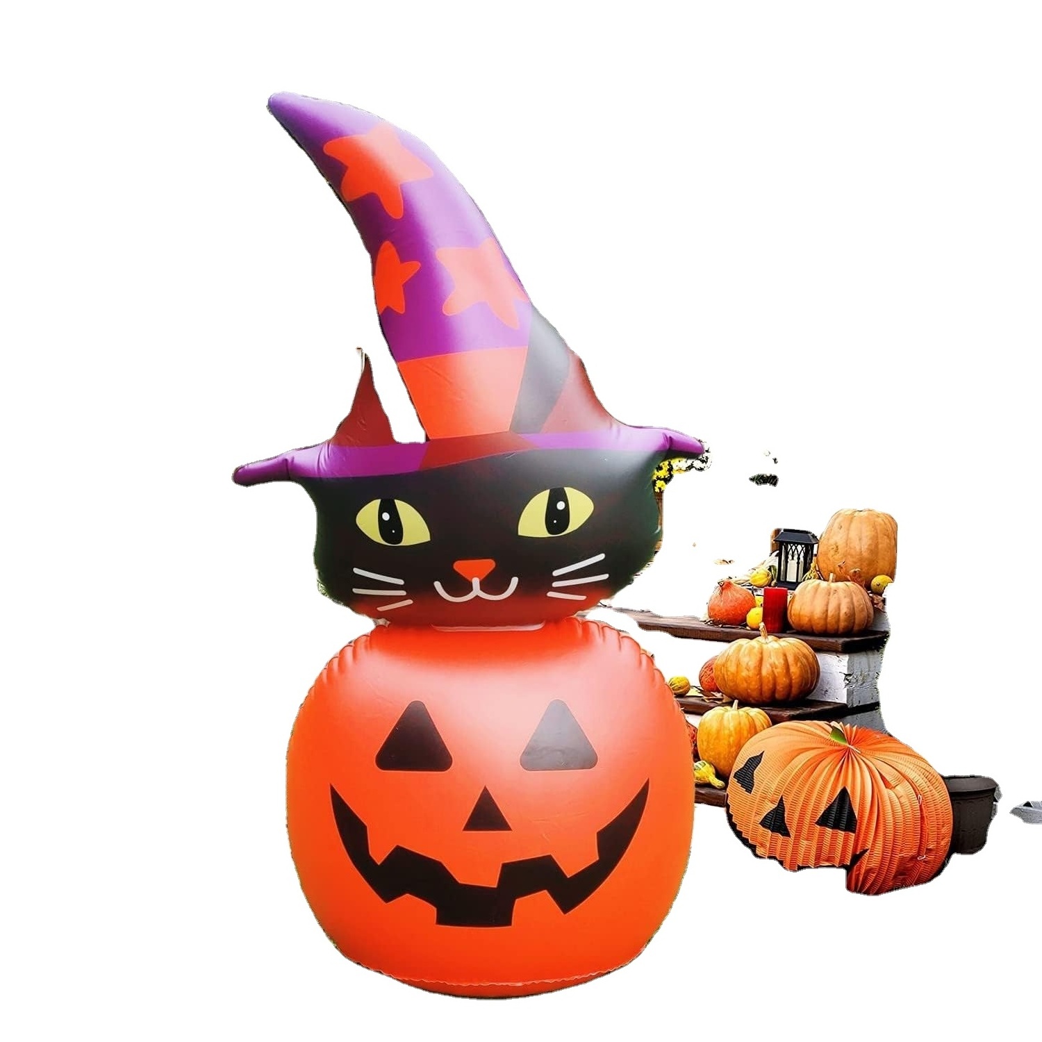 Inflatable Halloween Decorations Light Up Inflatable Stacked Black Cat Pumpkin with LED Blow Up Yard Decor Halloween for Party