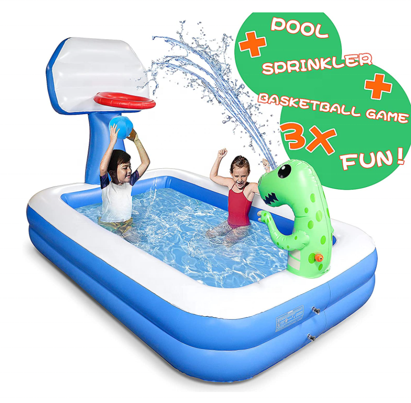 Inflatable Swimming Pool for Kids Blow Up Kiddie Lounge Pool with Basketball Hoop and Dinosaur Sprinkler Outdoor Water Toys