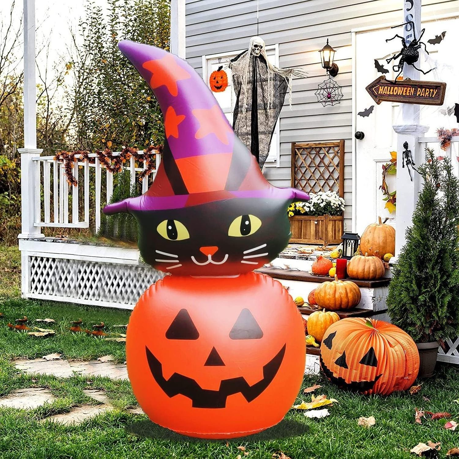 Inflatable Halloween Decorations Light Up Inflatable Stacked Black Cat Pumpkin with LED Blow Up Yard Decor Halloween for Party