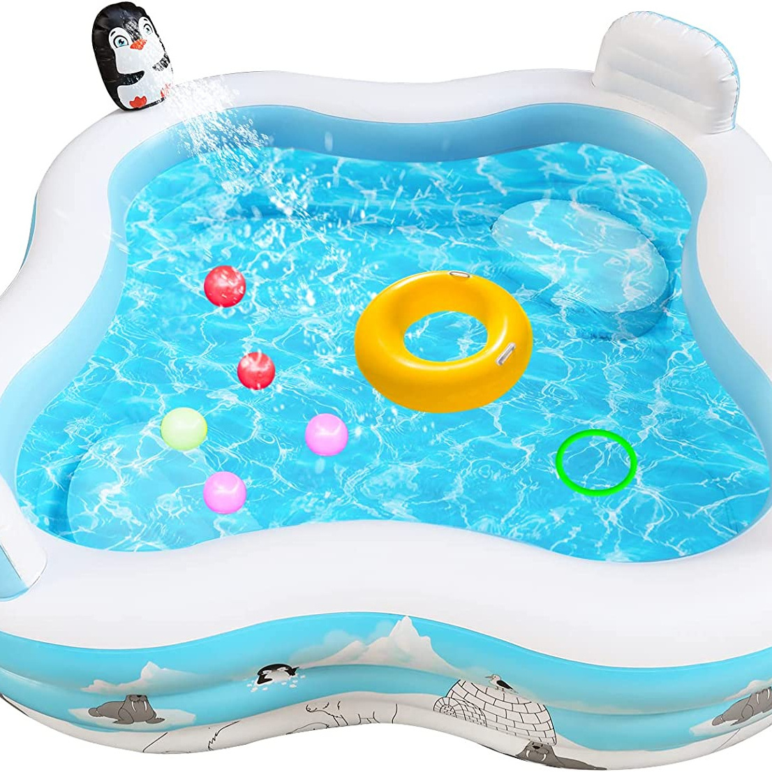 Penguin Sprinkler Backrests Toss Rings Inflatable Pool with Seats Ground Backyard Pool with Water Play Center Park for Kids